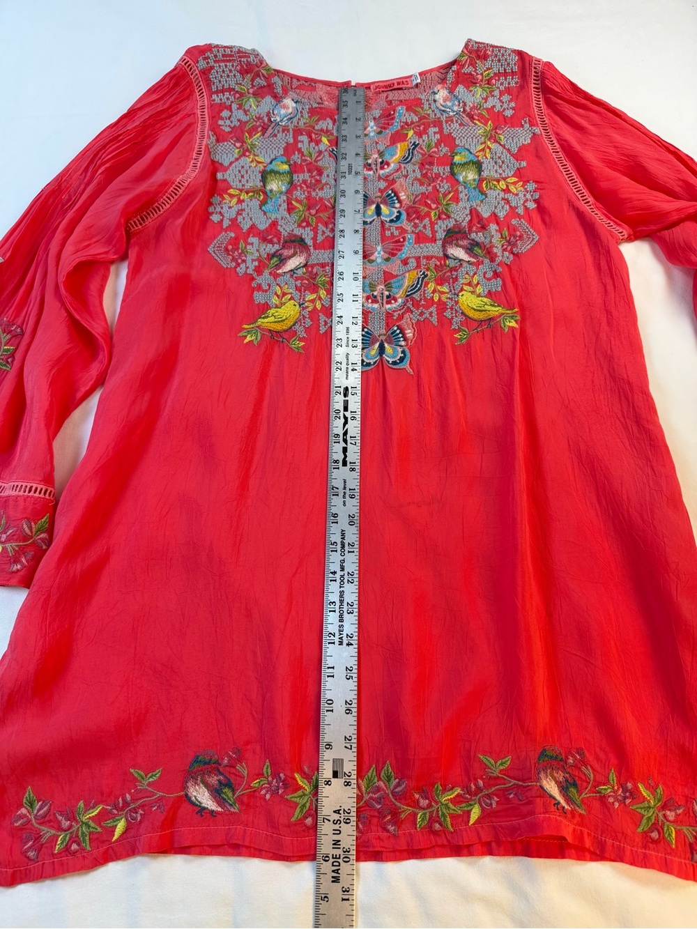 Johnny Was Farfalla Embroidered Coral Tunic Top with Butterfly and Bird  Detail - Picture 6 of 11